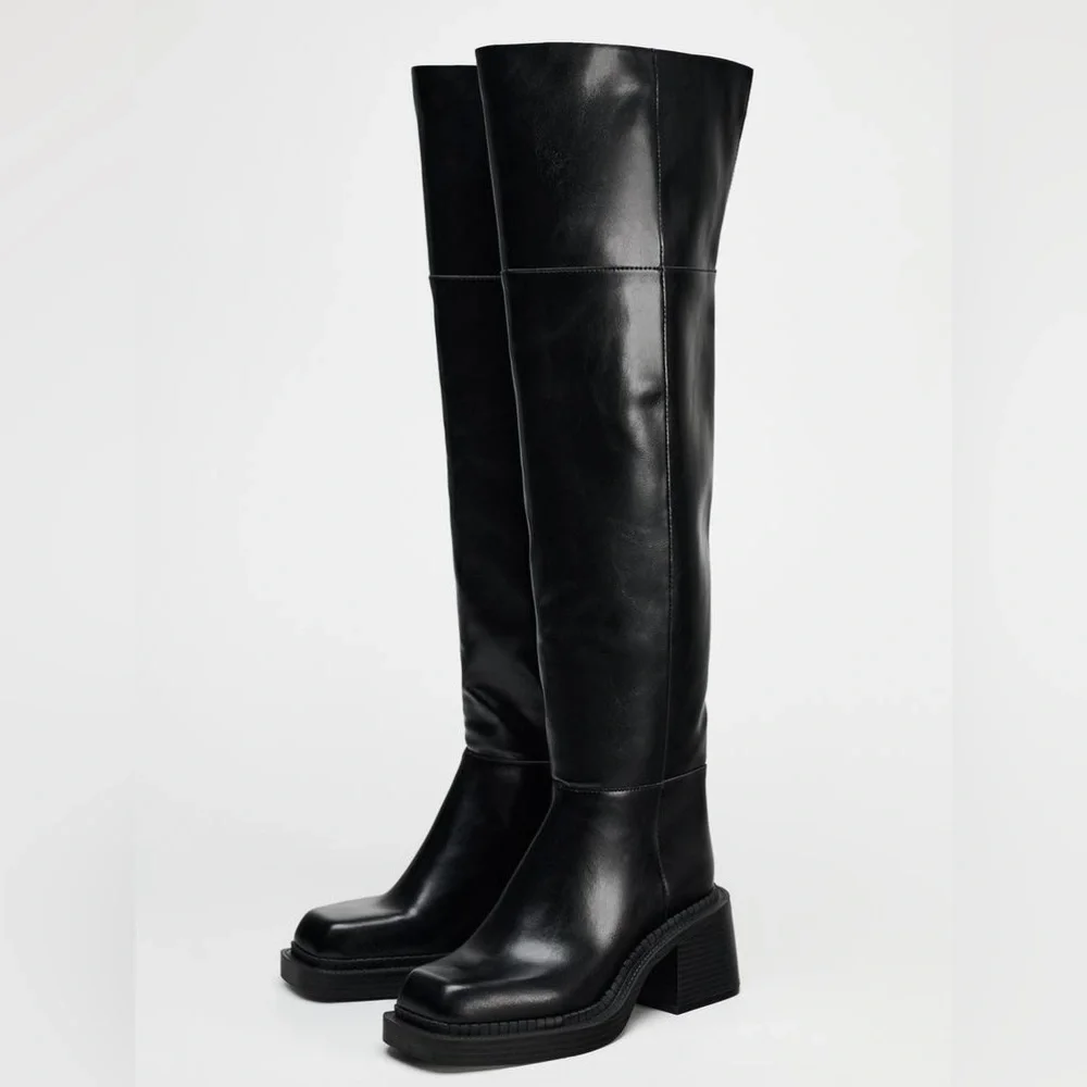 Zara Women’s 6 Extra Long Square Toe Black Boots Thigh High Over The Knee Combat